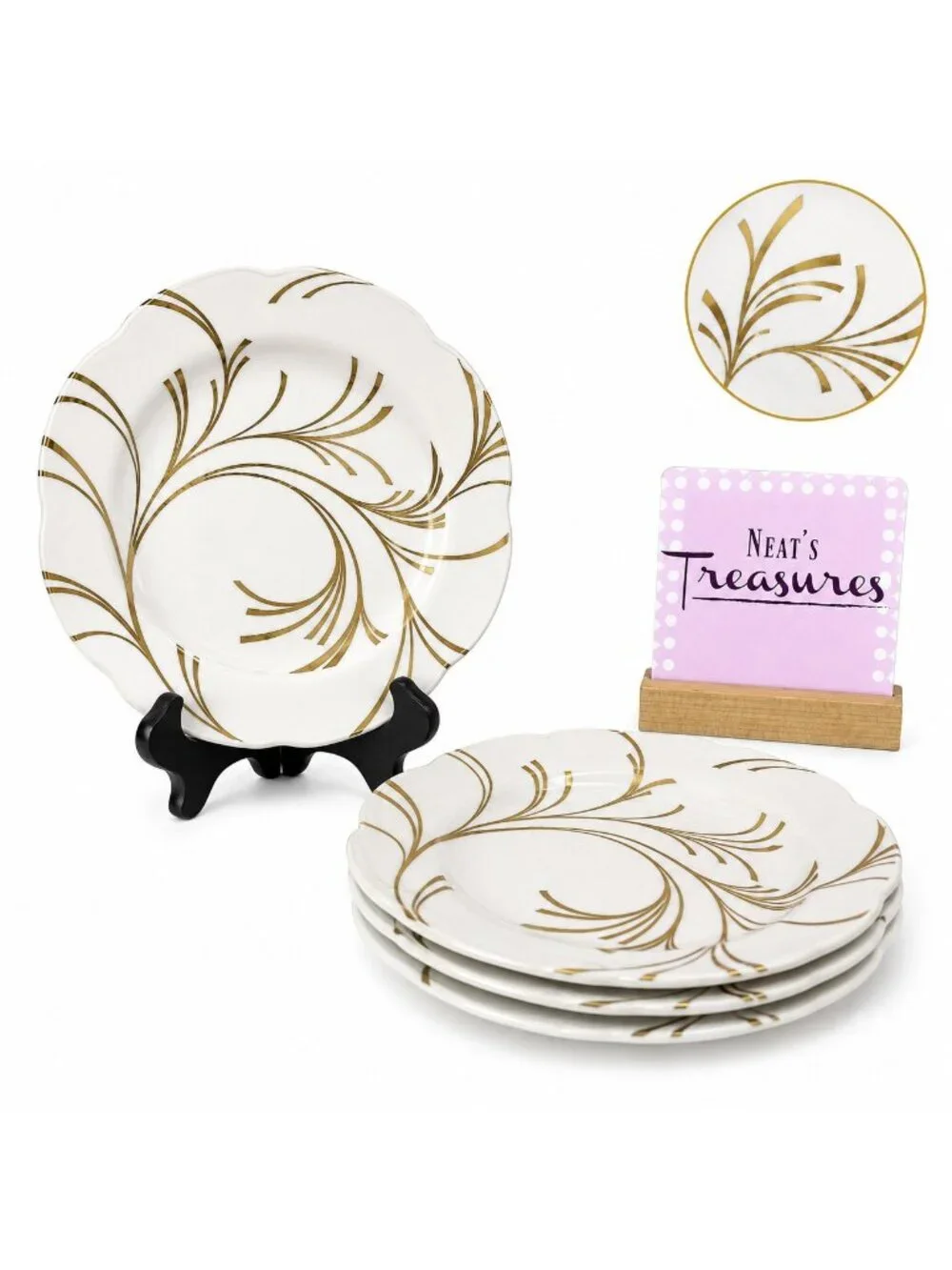 Spode COMLIMENT WHISPER England Gold Swirled Bone China Lunch Plates Set 4 NEW